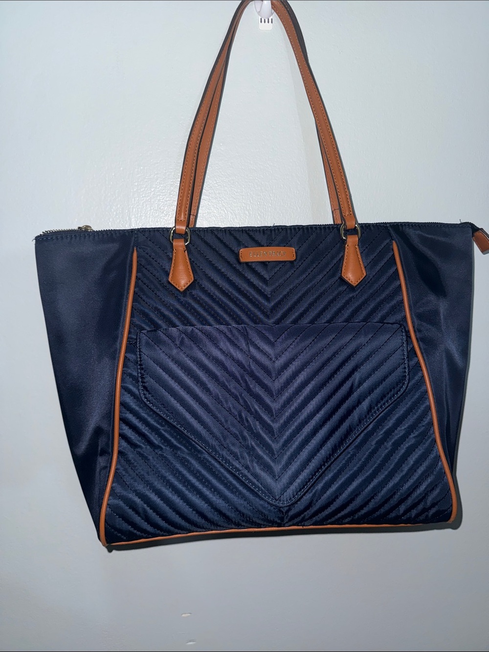 Ellen Tracy Navy Quilted Tote with Brown Trim